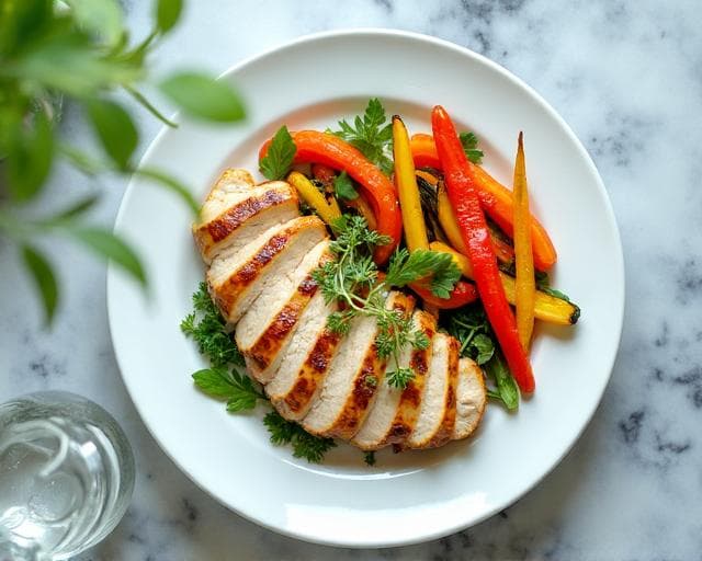 Delicious healthy meal with grilled chicken and fresh vegetables